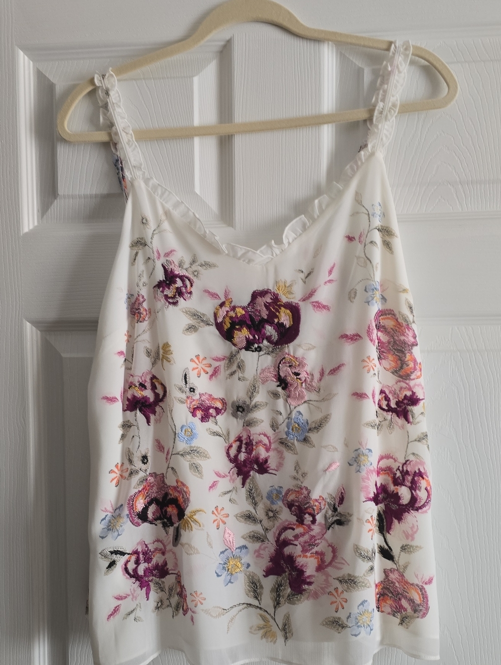 White House Black Market Cream Floral Embroidered Cami with Purple Accents